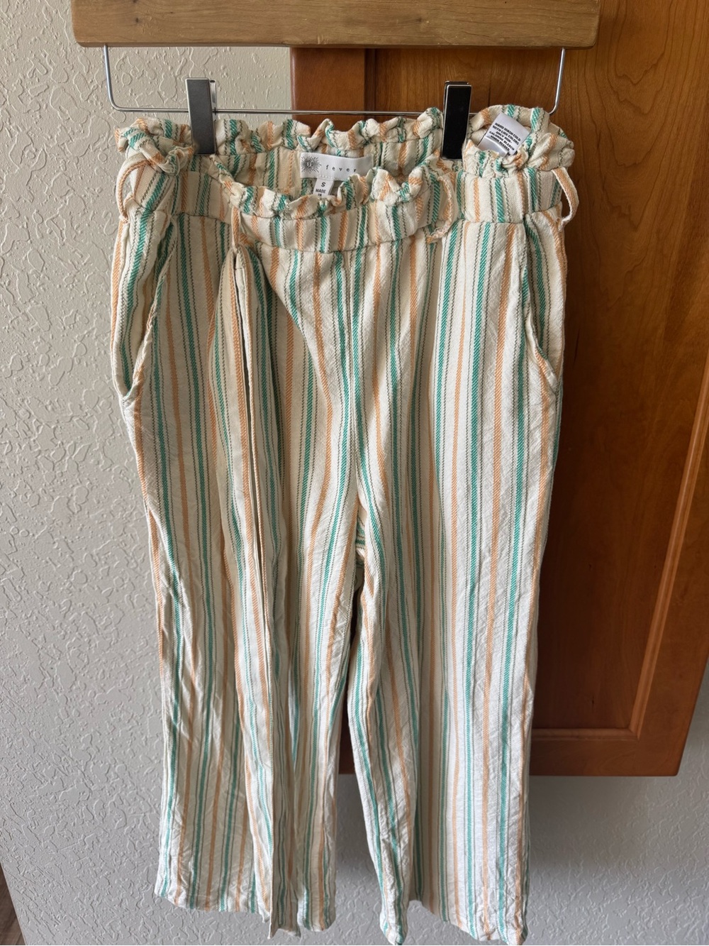 Linen Cream capri pants with Green & Peach Stripes